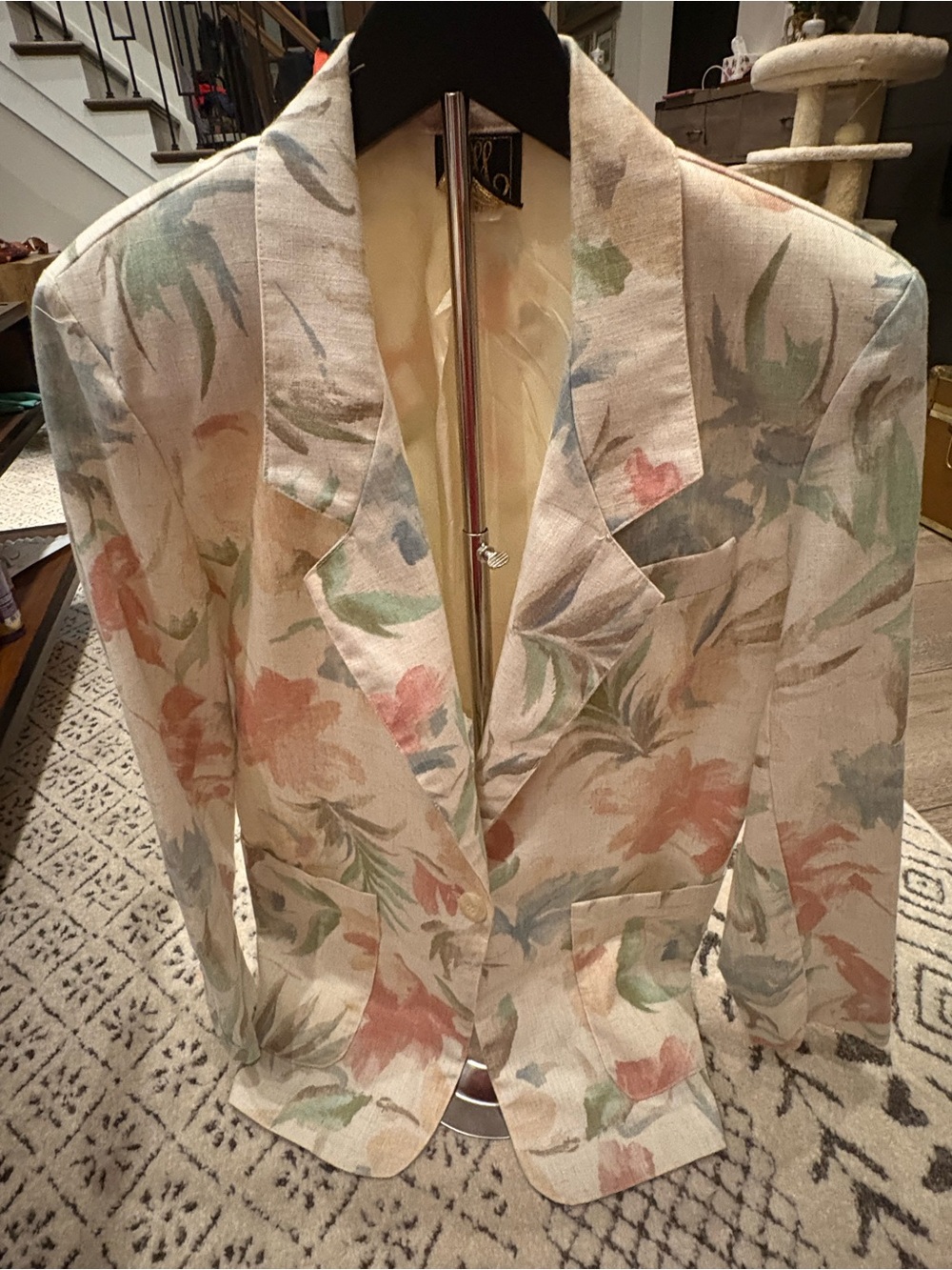 Vintage San Moire Floral Pastel Linen-Blend Blazer in Cream, Pink, Green, Blue